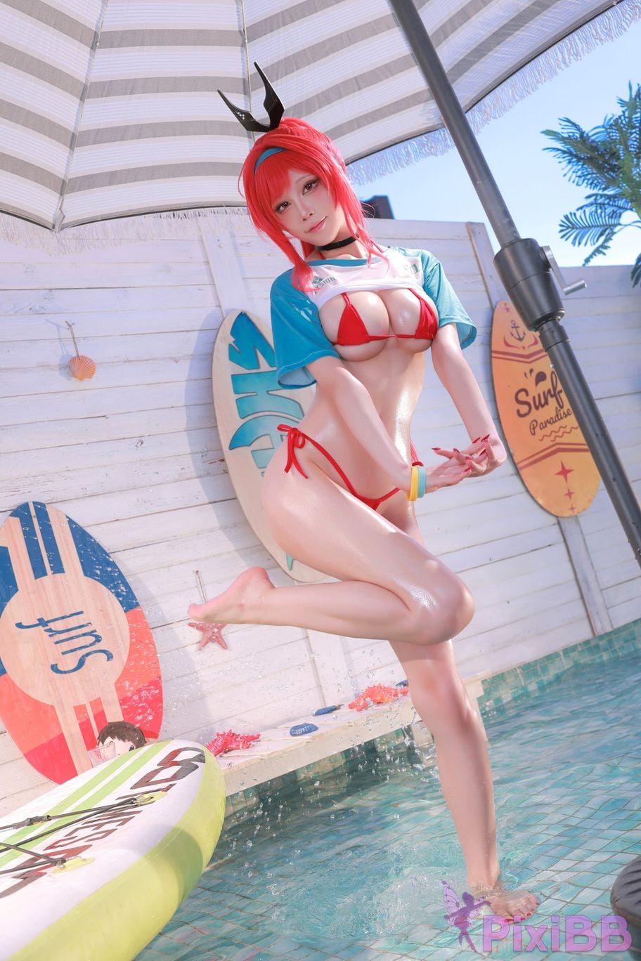 Cosplayer shuimiao Aqua Rapi Little Red Riding Hood Swimsuit goddess of victory Nikki PixiBB.COM 037