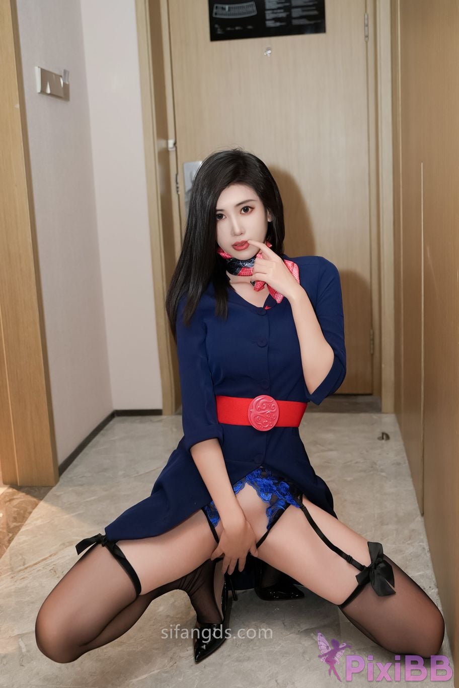 No watermark for in app purchases Zhang Pengpeng 5000 custom made Blue stewardess black stockings PixiBB.COM 021