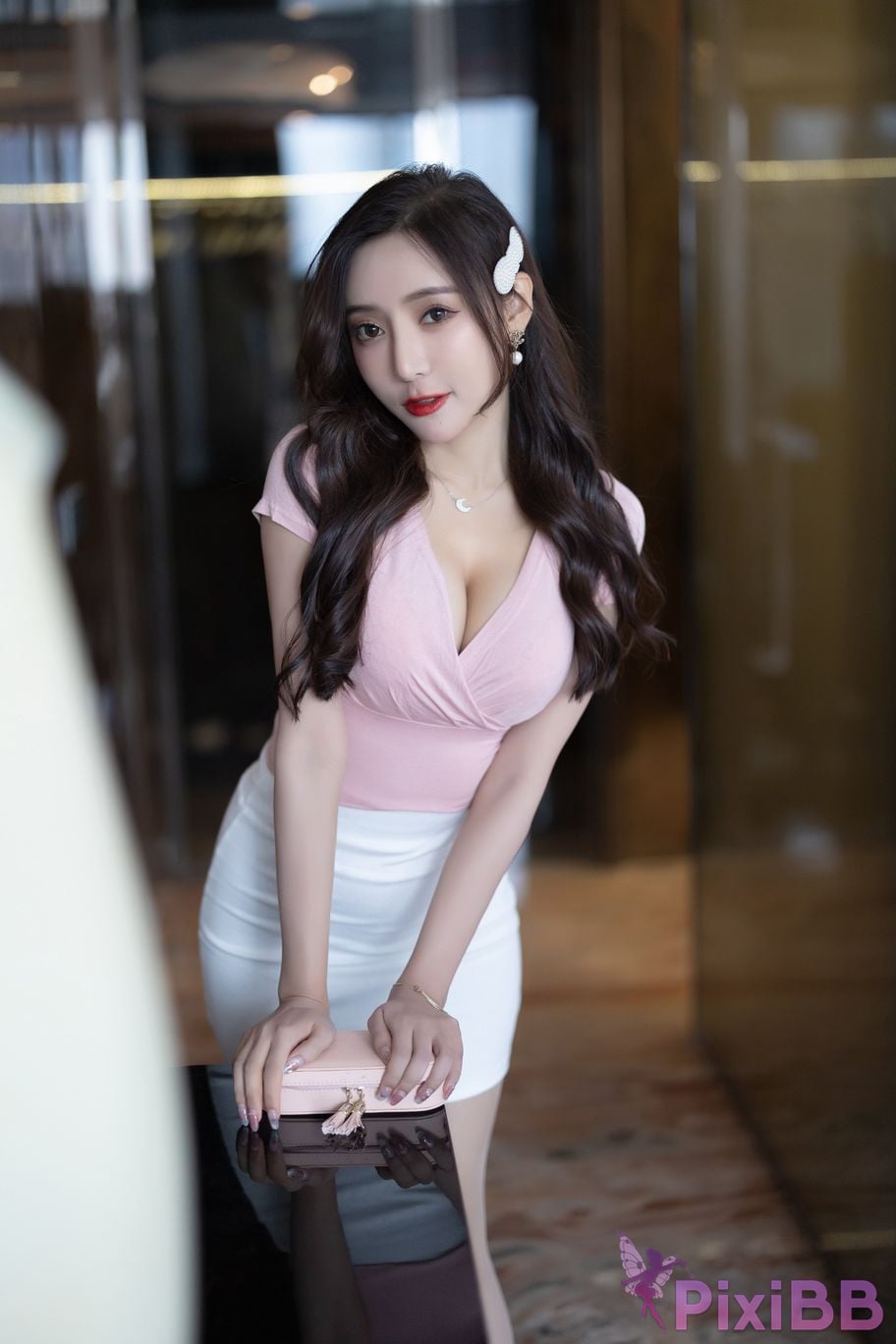 No watermark for in app purchases Wang Xinyao Yanni Pink top and white skirt PixiBB.COM 004