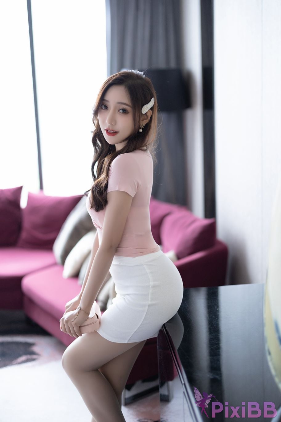 No watermark for in app purchases Wang Xinyao Yanni Pink top and white skirt PixiBB.COM 007