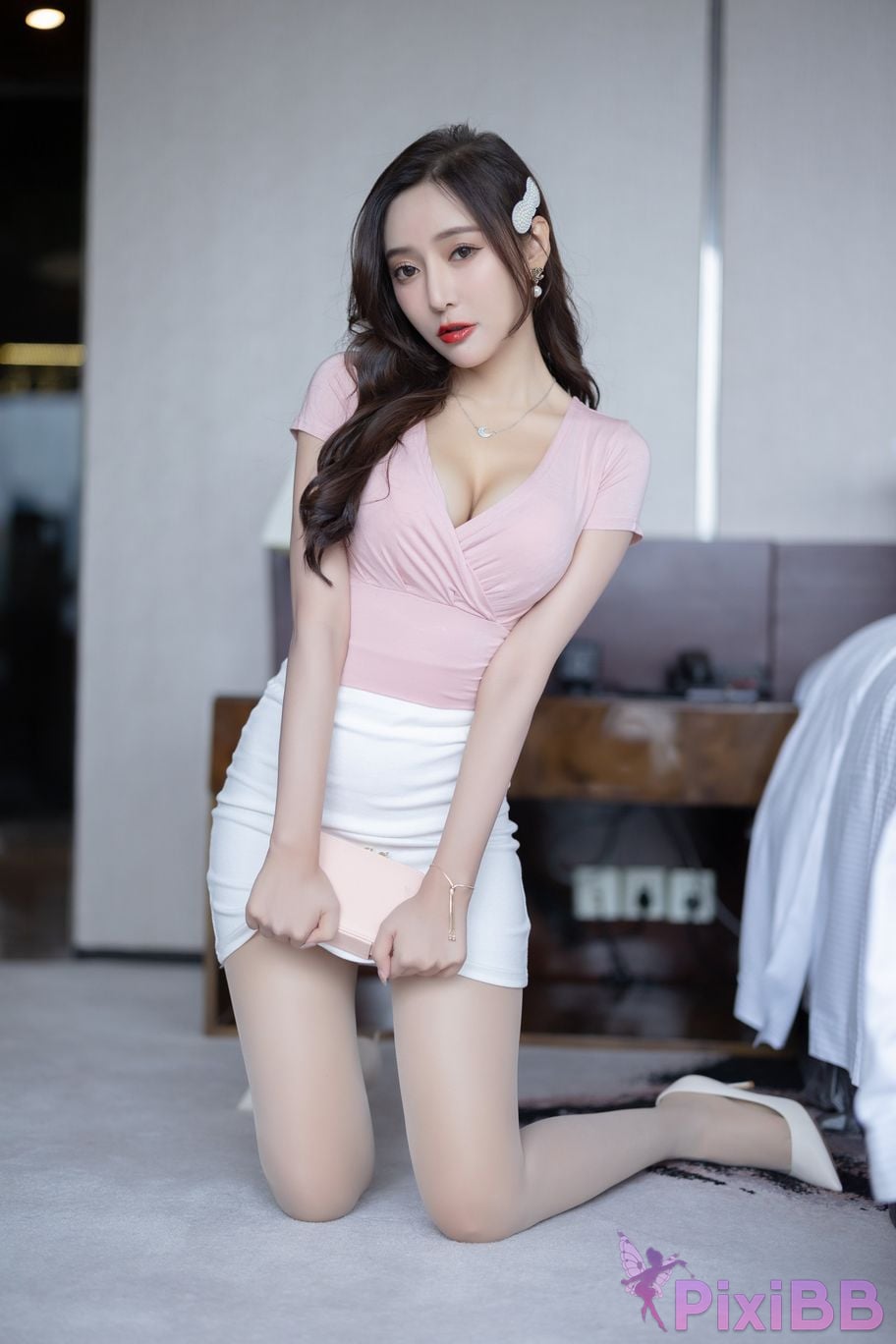 No watermark for in app purchases Wang Xinyao Yanni Pink top and white skirt PixiBB.COM 018