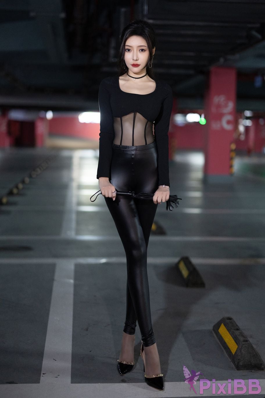 No watermark for in app purchases Wang Xinyao Yanni Black leather pants and mesh top PixiBB.COM 001
