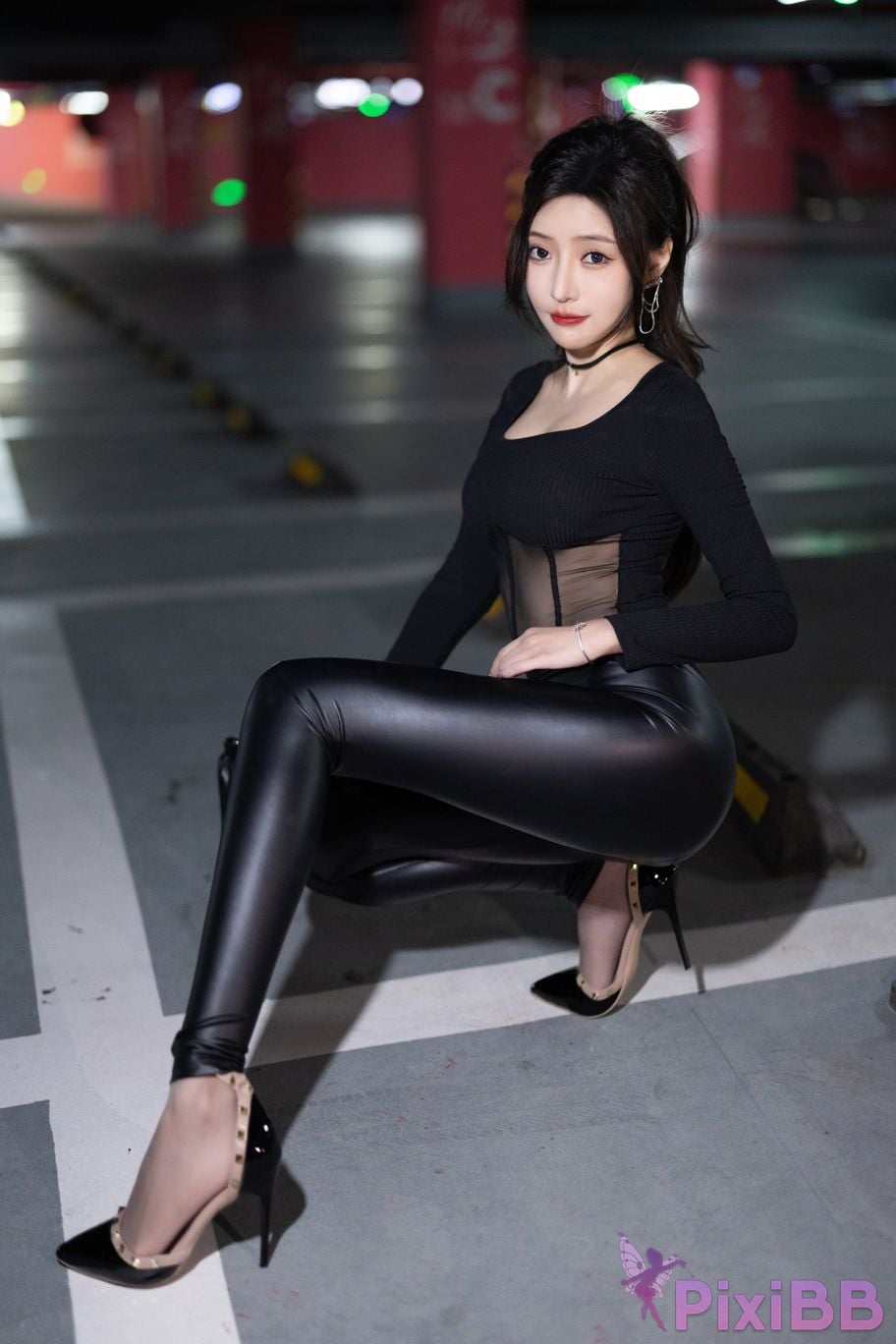 No watermark for in app purchases Wang Xinyao Yanni Black leather pants and mesh top PixiBB.COM 009