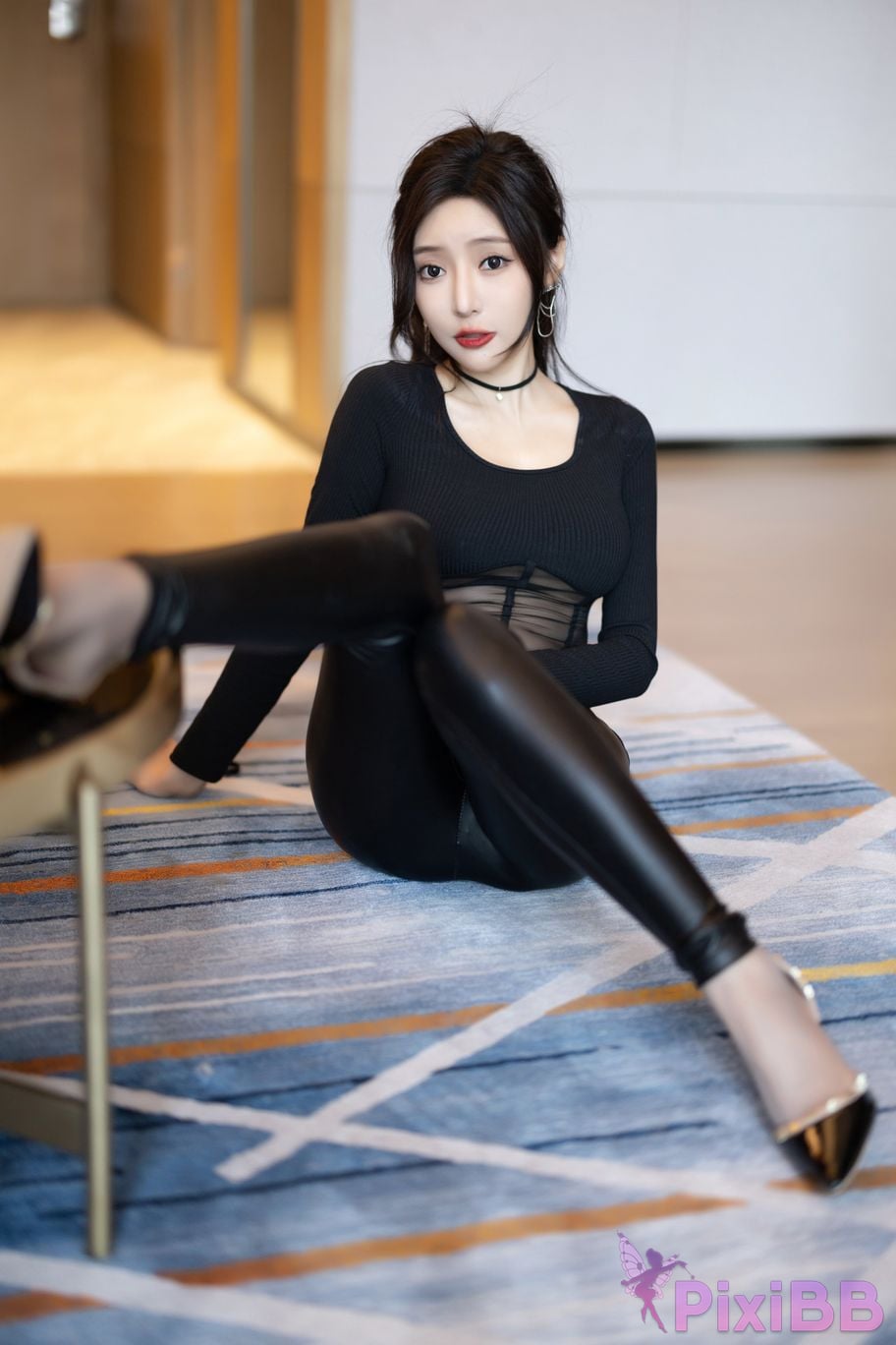 No watermark for in app purchases Wang Xinyao Yanni Black leather pants and mesh top PixiBB.COM 025