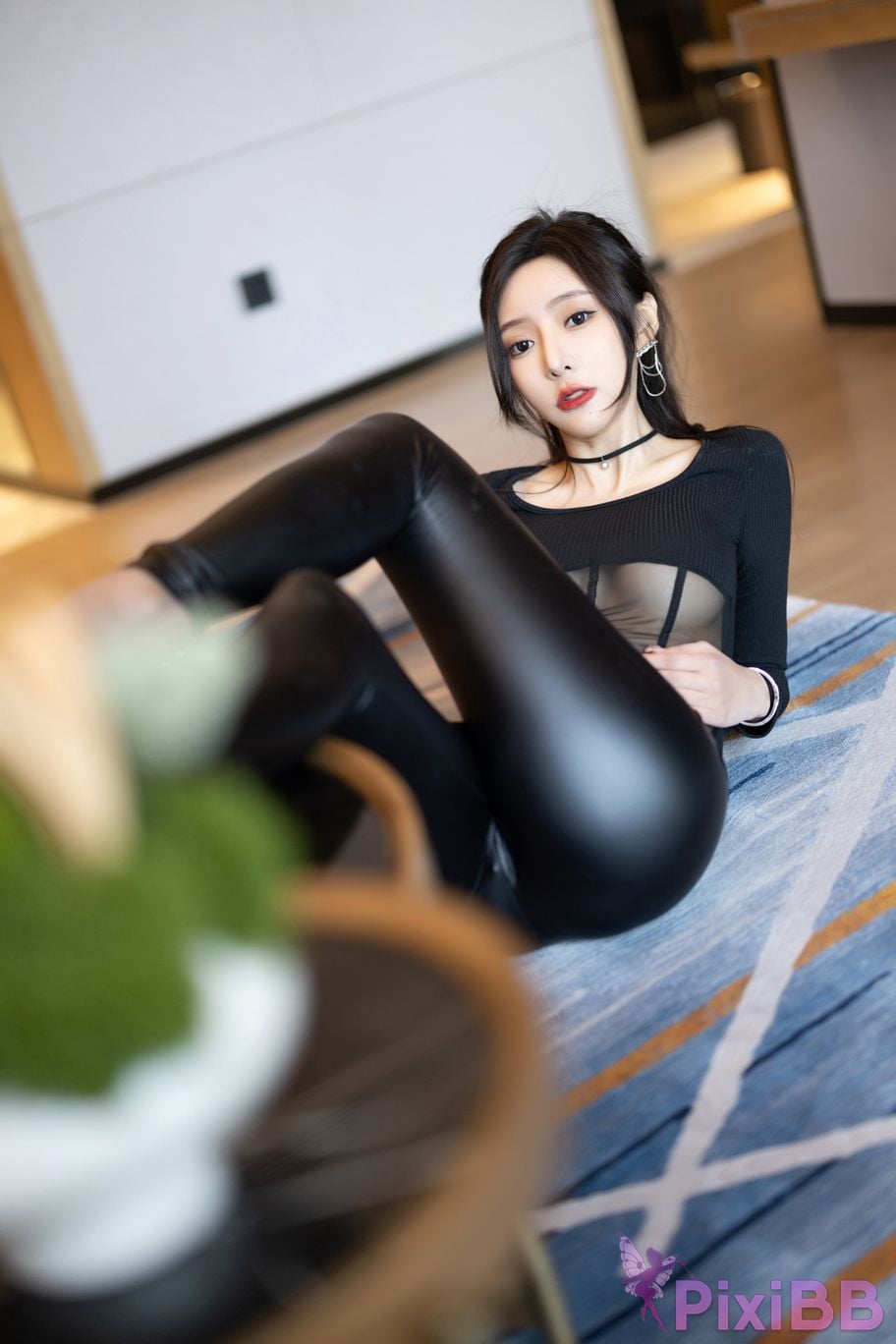 No watermark for in app purchases Wang Xinyao Yanni Black leather pants and mesh top PixiBB.COM 028