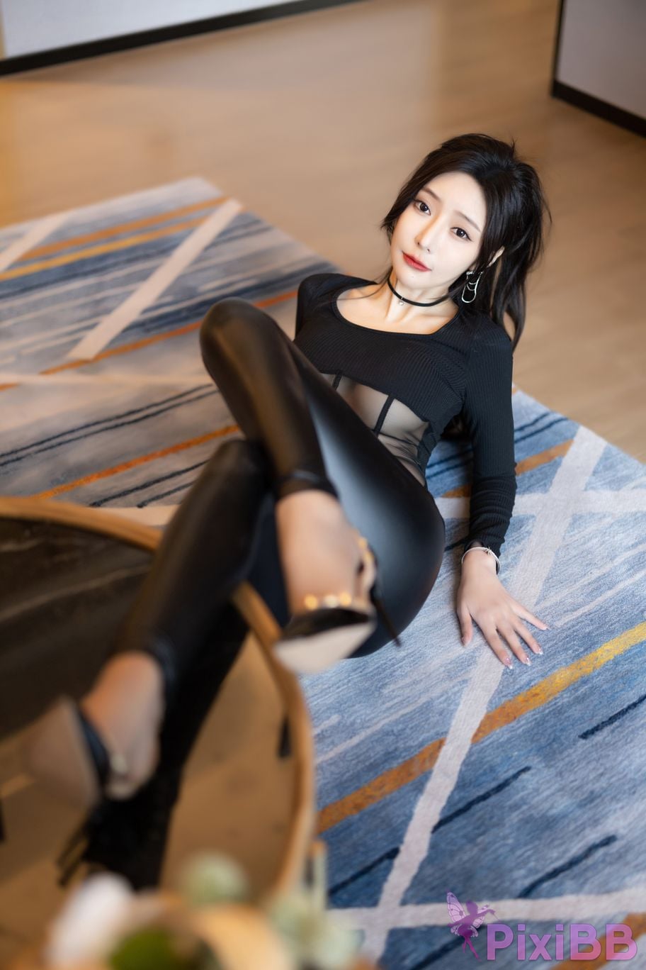 No watermark for in app purchases Wang Xinyao Yanni Black leather pants and mesh top PixiBB.COM 029