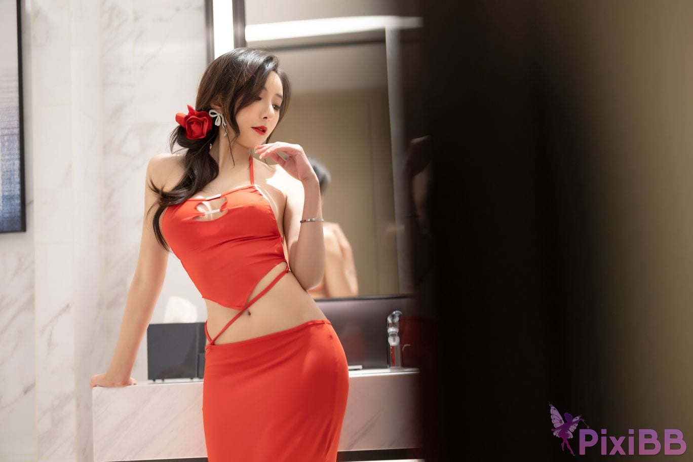 Built in no watermark Wang Xinyao Yanni Red dress apricot fur sexy PixiBB.COM 015
