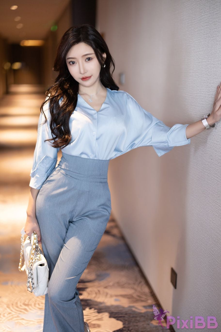 Built in no watermark Wang Xinyao Yanni Grey blue trousers with silk top PixiBB.COM 001