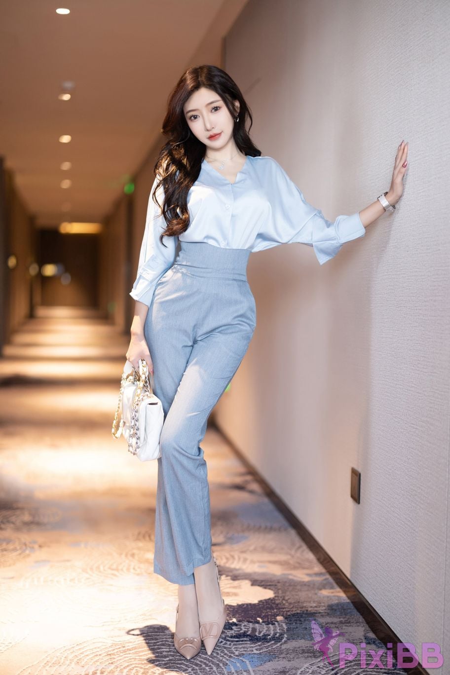 Built in no watermark Wang Xinyao Yanni Grey blue trousers with silk top PixiBB.COM 002