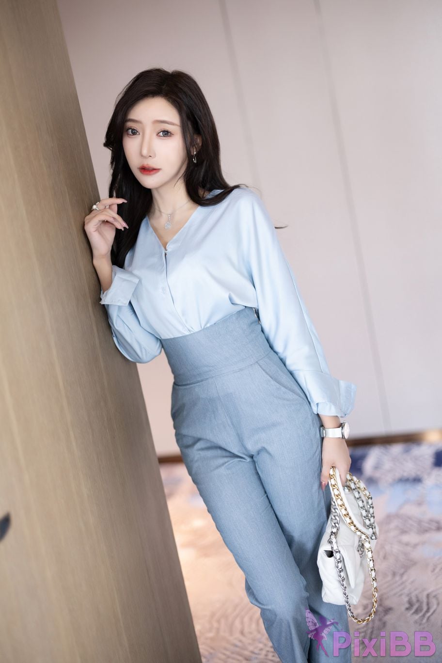 Built in no watermark Wang Xinyao Yanni Grey blue trousers with silk top PixiBB.COM 006
