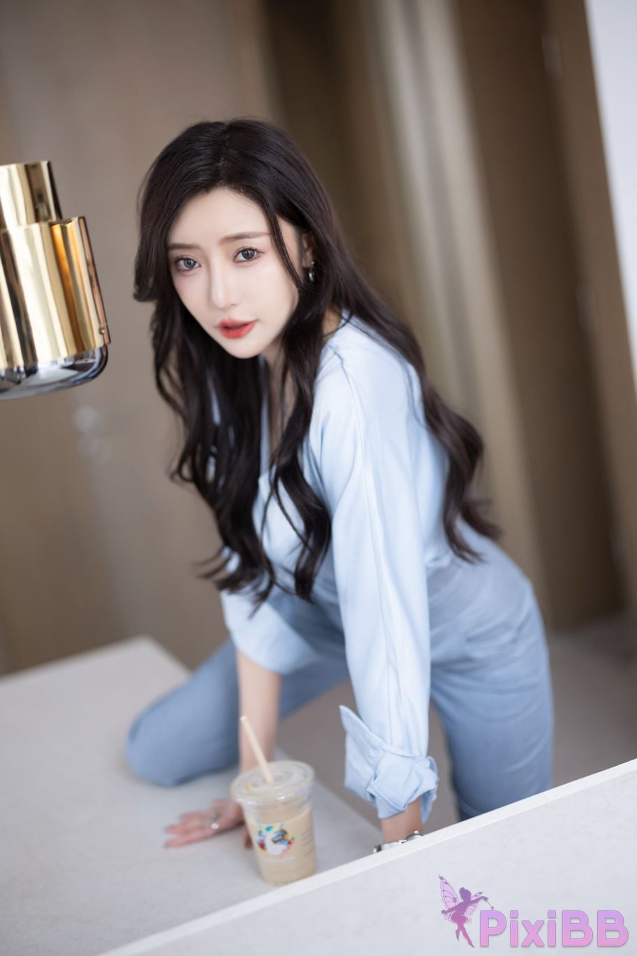 Built in no watermark Wang Xinyao Yanni Grey blue trousers with silk top PixiBB.COM 011