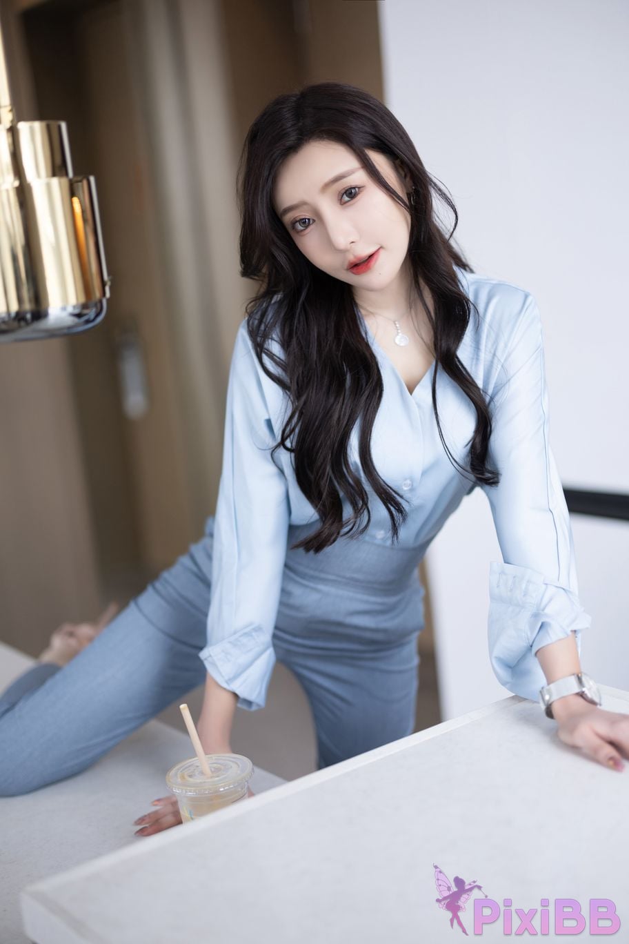 Built in no watermark Wang Xinyao Yanni Grey blue trousers with silk top PixiBB.COM 012