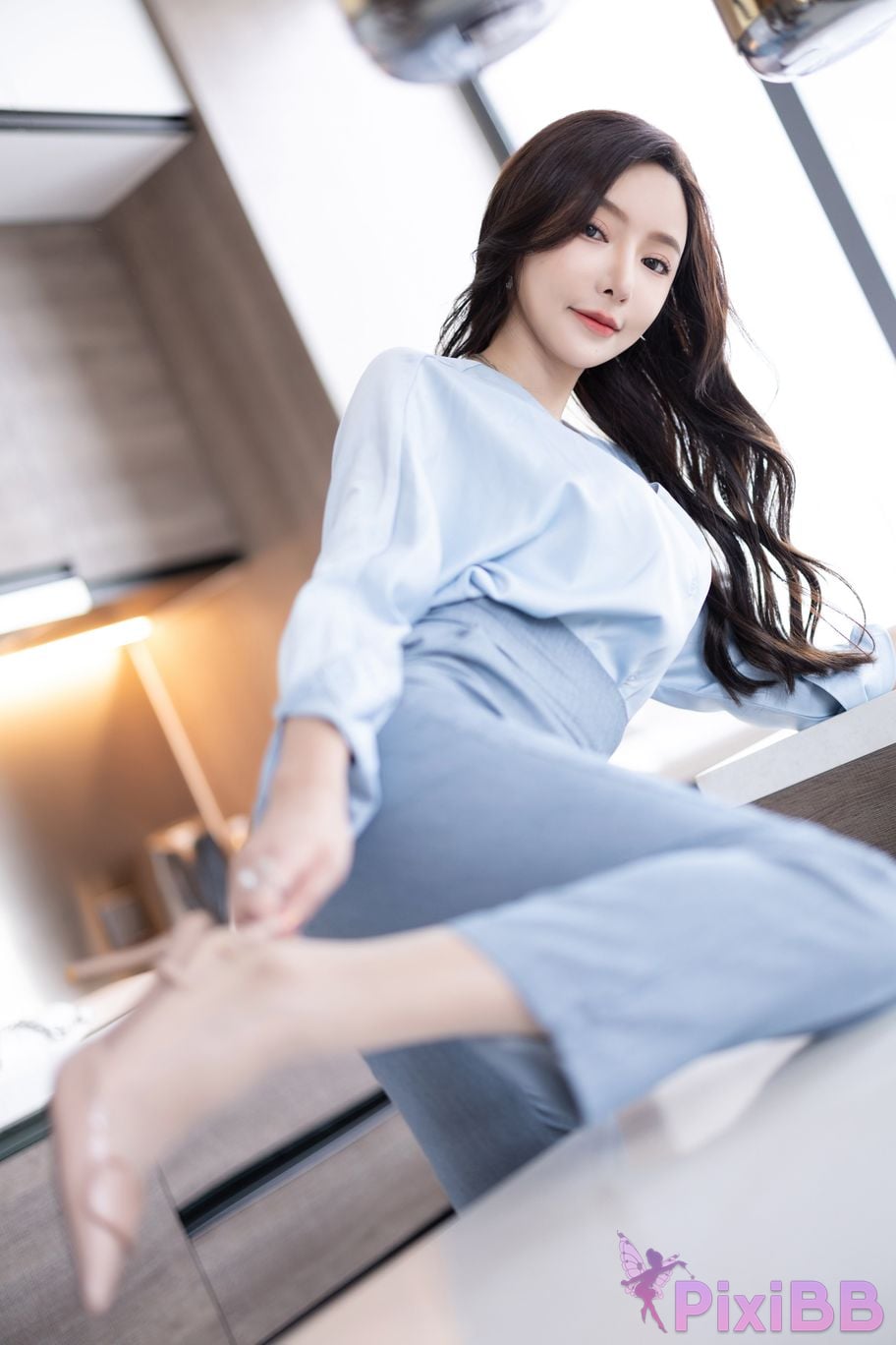 Built in no watermark Wang Xinyao Yanni Grey blue trousers with silk top PixiBB.COM 015