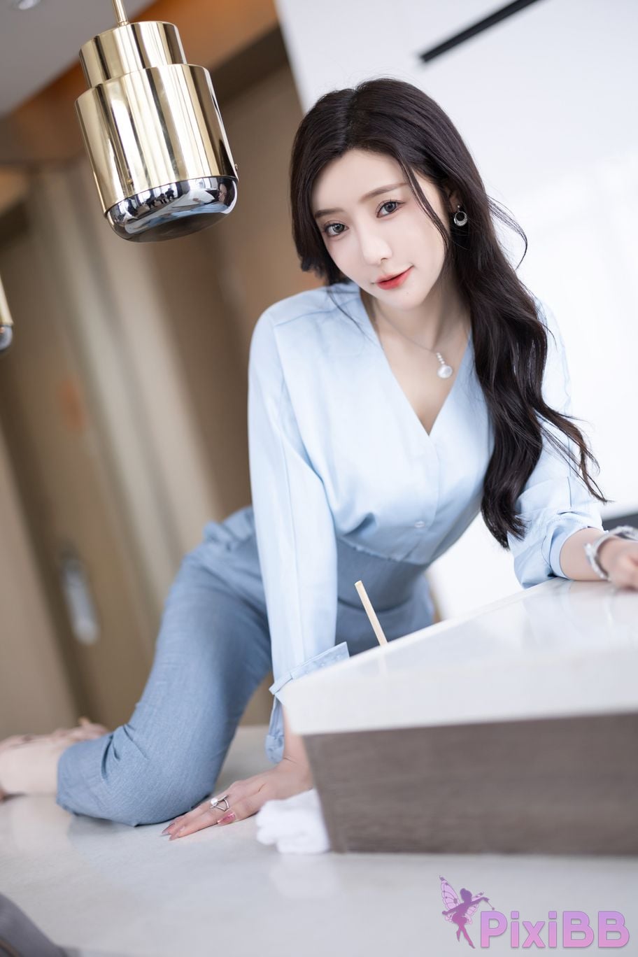 Built in no watermark Wang Xinyao Yanni Grey blue trousers with silk top PixiBB.COM 016
