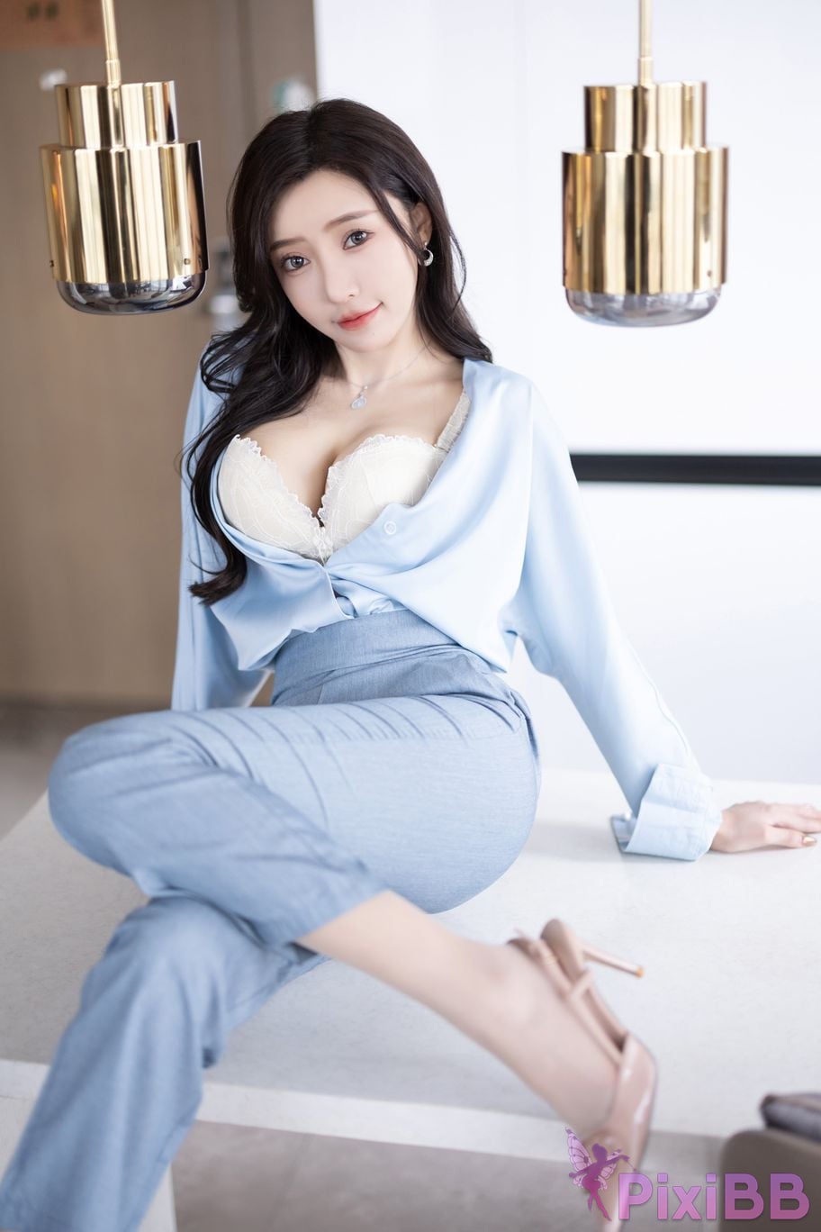 Built in no watermark Wang Xinyao Yanni Grey blue trousers with silk top PixiBB.COM 028