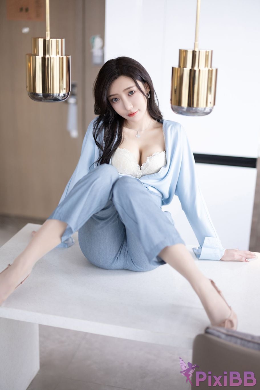 Built in no watermark Wang Xinyao Yanni Grey blue trousers with silk top PixiBB.COM 029