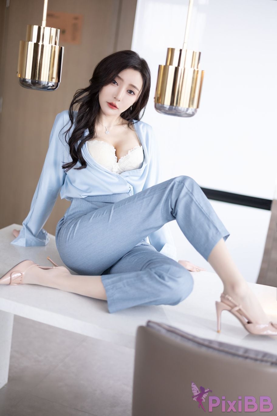 Built in no watermark Wang Xinyao Yanni Grey blue trousers with silk top PixiBB.COM 030