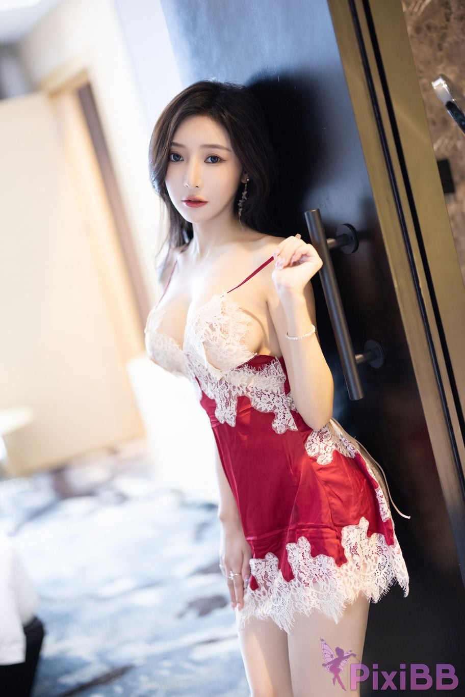 No watermark for in app purchases Wang Xinyao Yanni Green silk and red nightgown PixiBB.COM 080
